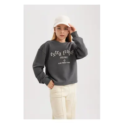 DEFACTO Girl Crop Printed Crew Neck Sweatshirt