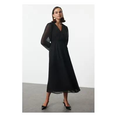 Trendyol Black Belted A-Line Double Breasted Collar Lined Chiffon Maxi Woven Dress