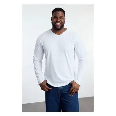 Trendyol White Plus Size Slim/Slim Cut V Neck Basic Long Sleeve T-Shirt