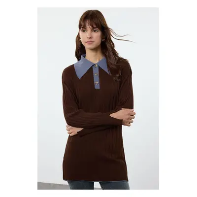 Trendyol Brown Blue Color Block Ribbed Knit Sweater