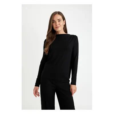 DEFACTO Regular Fit Cowl Neck Basic Plain Long Sleeve Black T-Shirt