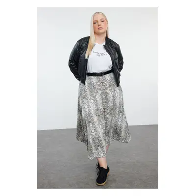 Trendyol Curve Beige Animal Patterned Knitted Plus Size Skirt