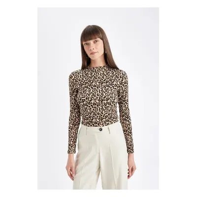 DEFACTO Slim Fit Slim Fit Half Turtleneck Leopard Print Long Sleeve T-Shirt