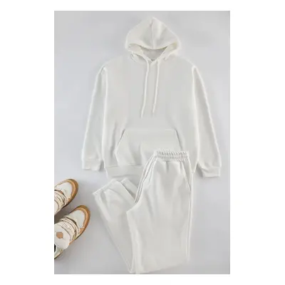 Trendyol Ecru Oversize/Wide Cut Hooded Fleece/Warm Sweatshirt Tracksuit