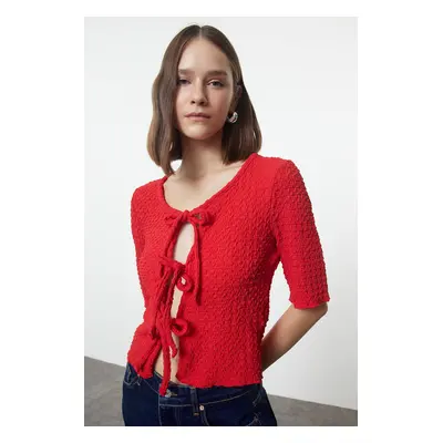 Trendyol Red Textured Fitted/Body-Sit Tie Detailed Flexible Knitted Blouse