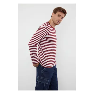 Trendyol Claret Red Oversize/Wide Cut Striped Crew Neck Long Sleeve Cotton T-Shirt