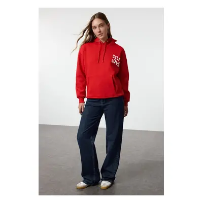 Trendyol Red Back Print Detailed Oversize/Wide Fit Thick Inside Fleece Knitted Sweatshirt