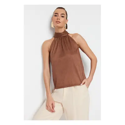 Trendyol Brown Regular/Normal Fit Stand Collar Fit Pleat Stretchy Knitted Blouse