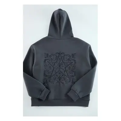 Trendyol Anthracite Oversize/Wide Cut Back Embroidered Detailed Hooded Sweatshirt