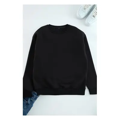 Trendyol Black Oversize/Wide Cut Cotton Basic Thick Sweatshirt with Fleece Inside