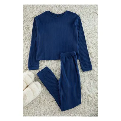 Trendyol Navy Blue Soft Touch Ribbed Knitted Pajama Set