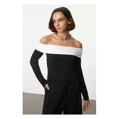 Trendyol Black Black-White Cotton Color Blocked Carmen Collar Crop/Short Knitted Blouse