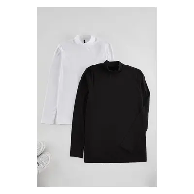 Trendyol Curve Black-White 100% Cotton Regular Stand Collar Long Sleeve 2-Pack Knitted Plus Size