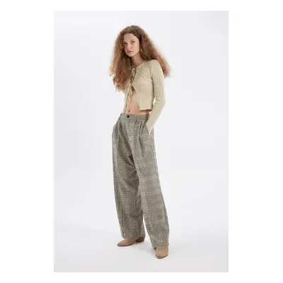 DEFACTO Classic Trousers Wide Leg Wide Leg Checkered Double Pocket High Waist Pleated Standard L