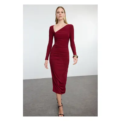 Trendyol Burgundy Fitted Asymmetrical Collar Knitted Chic Evening Dress