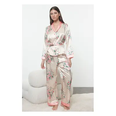 Trendyol Salmon-Multicolored Belted Floral Satin Woven Pajama Set