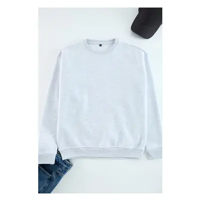 Trendyol Gray Melange Oversize/Wide Cut Cotton Basic Thick Sweatshirt with Fleece Inside