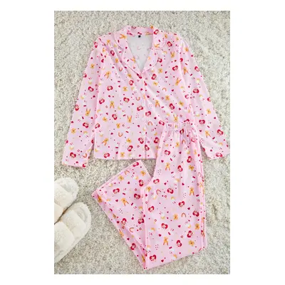 Trendyol Pink 100% Cotton Teddy Bear-Heart Patterned Knitted Pajama Set