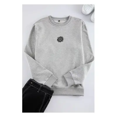 Trendyol Grey Melange Regular/Normal Cut Fluffy Printed Inside Polar Fleece/Warm Sweatshirt