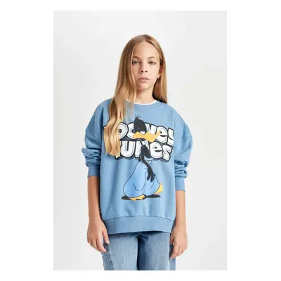 DEFACTO Girl Blue Looney Tunes Printed Oversize Wide Pattern Crew Neck Sweatshirt