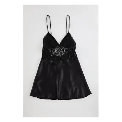 Trendyol Black Satin Lace Detailed Rope Strap Coverless Knitted Fantasy Nightgown