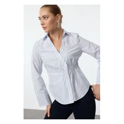 Trendyol Blue Side Button Detailed Striped Regular Regular Fit Shirt