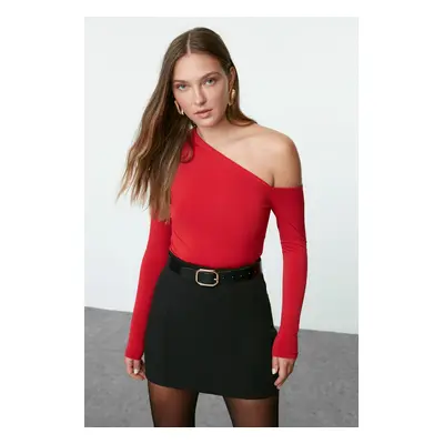 Trendyol Red Slim Snap Fastener Asymmetric Collar Stretchy Knitted Bodysuit