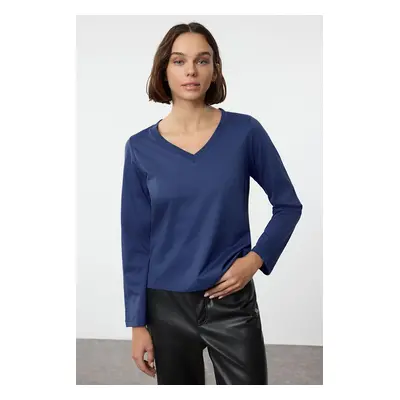 Trendyol Saks 100% Cotton Regular/Normal Fit Basic V-Neck Long Sleeve Knitted T-Shirt