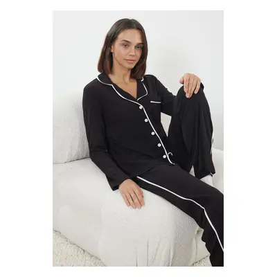 Trendyol Black 100% Cotton Piping Detailed Knitted Pajama Set