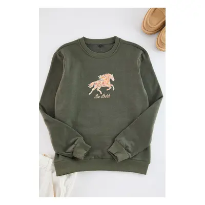 Trendyol Khaki Regular/Normal Cut Animal Printed Inside Polar Fleece Sweatshirt