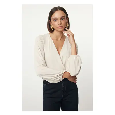 Trendyol Stone Slim Double Breasted Collar Flexible Knitted Blouse