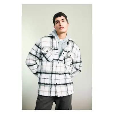 DEFACTO Polo Collar Snap Closure Pocket Plaid Patterned Long Sleeve Shirt Jacket