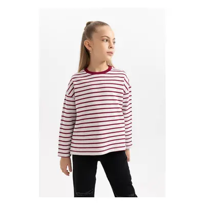 DEFACTO Girl's Loose Fit Striped Crew Neck Sweatshirt