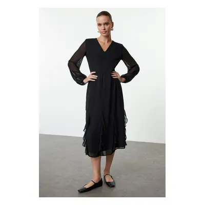 Trendyol Black Ruffled Chiffon Midi Woven Dress