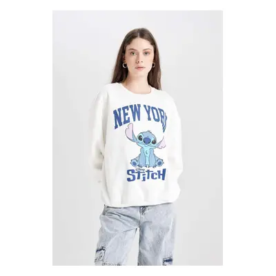 DEFACTO Cool Disney Lilo & Stitch Oversize Wide Pattern Crew Neck Printed Thick Sweatshirt