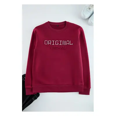 Trendyol Burgundy Slim/Slim Cut Puffy Printed Polar Fleece Sweatshirt