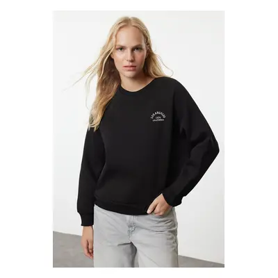 Trendyol Black Slogan Embroidered Oversize/Wide Fit Thick Inside Fleece Knitted Sweatshirt