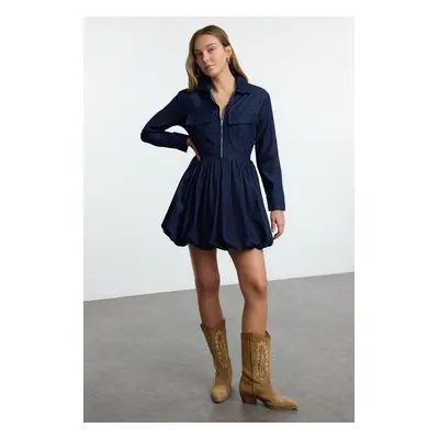 Trendyol Navy Blue Pocket Detailed Balloon Skirt Denim Shirt Dress