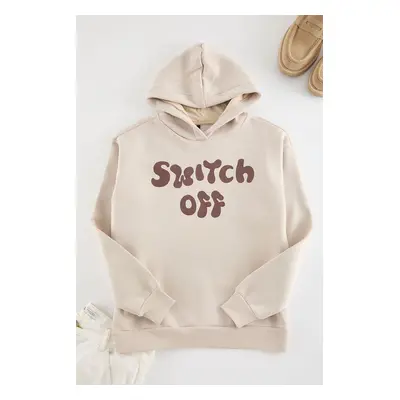 Trendyol Beige Oversize/Wide Cut Text Printed Hooded Fleece Sweatshirt