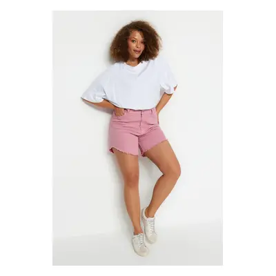 Trendyol Curve Pink Flexible Skinny Denim Shorts & Bermuda With Tassels on the Legs