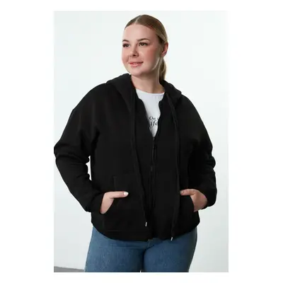 Trendyol Curve Black Hooded Plus Size Knitted Sweatshirt with Fleece Inside and Zipper on the Fr