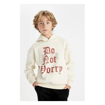 DEFACTO Boy Oversize Wide Pattern Hooded Text Printed Thick Sweatshirt