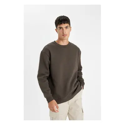 DEFACTO Brown Oversize Wide Pattern Crew Neck Thick Fabric Basic Plain Sweatshirt