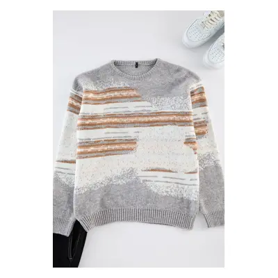 Trendyol Grey Unisex Crew Neck Landscape Knitted Sweater