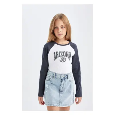 DEFACTO Girls Crew Neck Text Printed Ribbon Long Sleeve T-Shirt