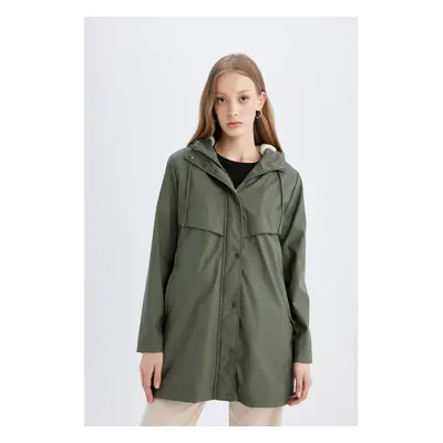 DEFACTO Waterproof Regular Fit Hooded Faux Für Lined Faux Leather Raincoat