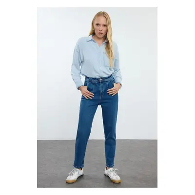 Trendyol Dark Blue Stitching Detailed High Waist Comfort Mom Jeans