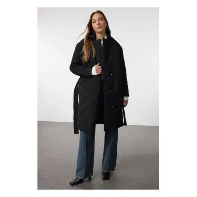 Trendyol Black Oversize Belted Long Quilted Puffer Coat