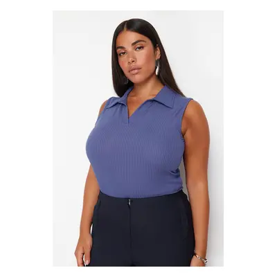 Trendyol Curve Blue Fitted Polo Neck Stretchy Knitted Blouse