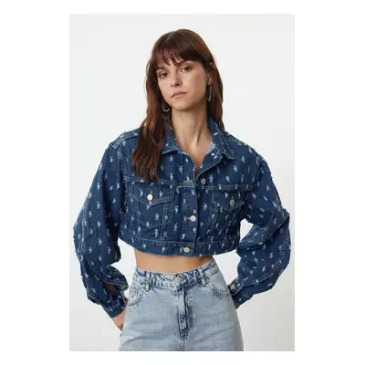 Trendyol Blue Textured Crop Denim Jacket